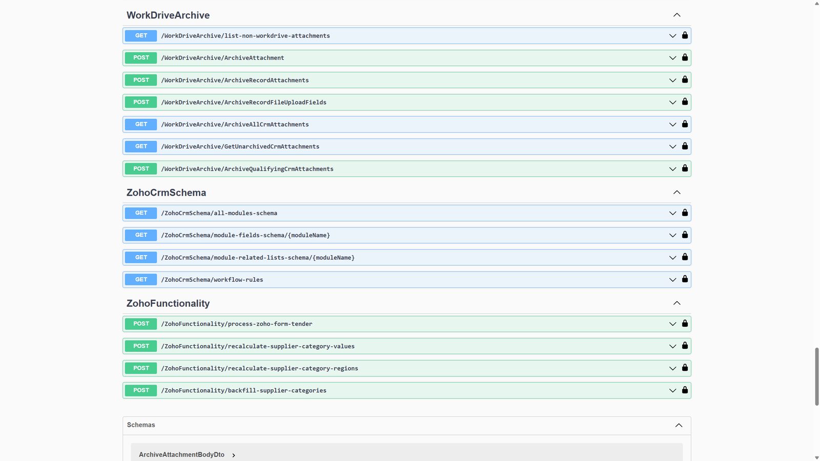 Swagger page listing Web API endpoints for archiving attachments, reading the CRM schema and processing Zoho forms